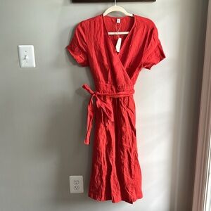 Grae Cove Red-Orange Linen V Neck Wrap Dress, M. NWT